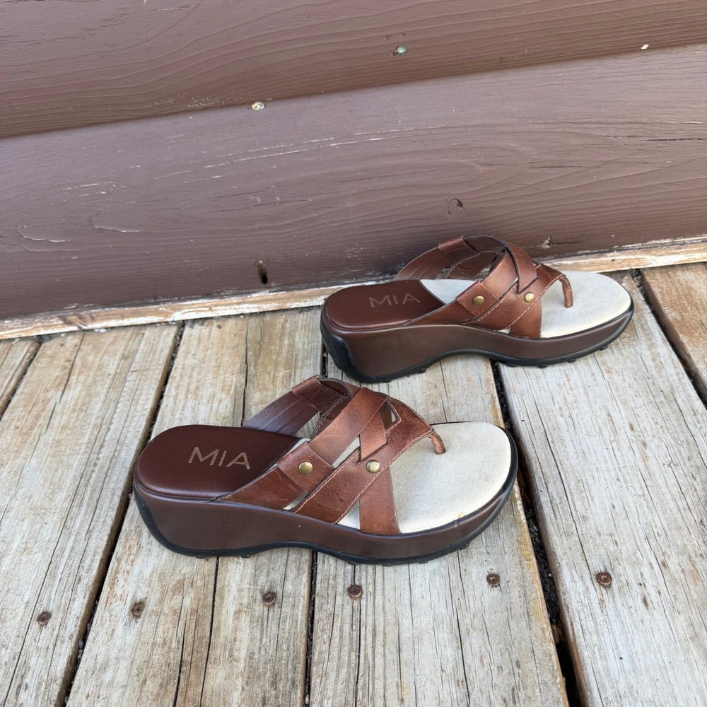Vintage MIA Platform Wedge Sandals Brown Leather Strappy Thong Sz 7 Brazil Y2K - Picture 4 of 8